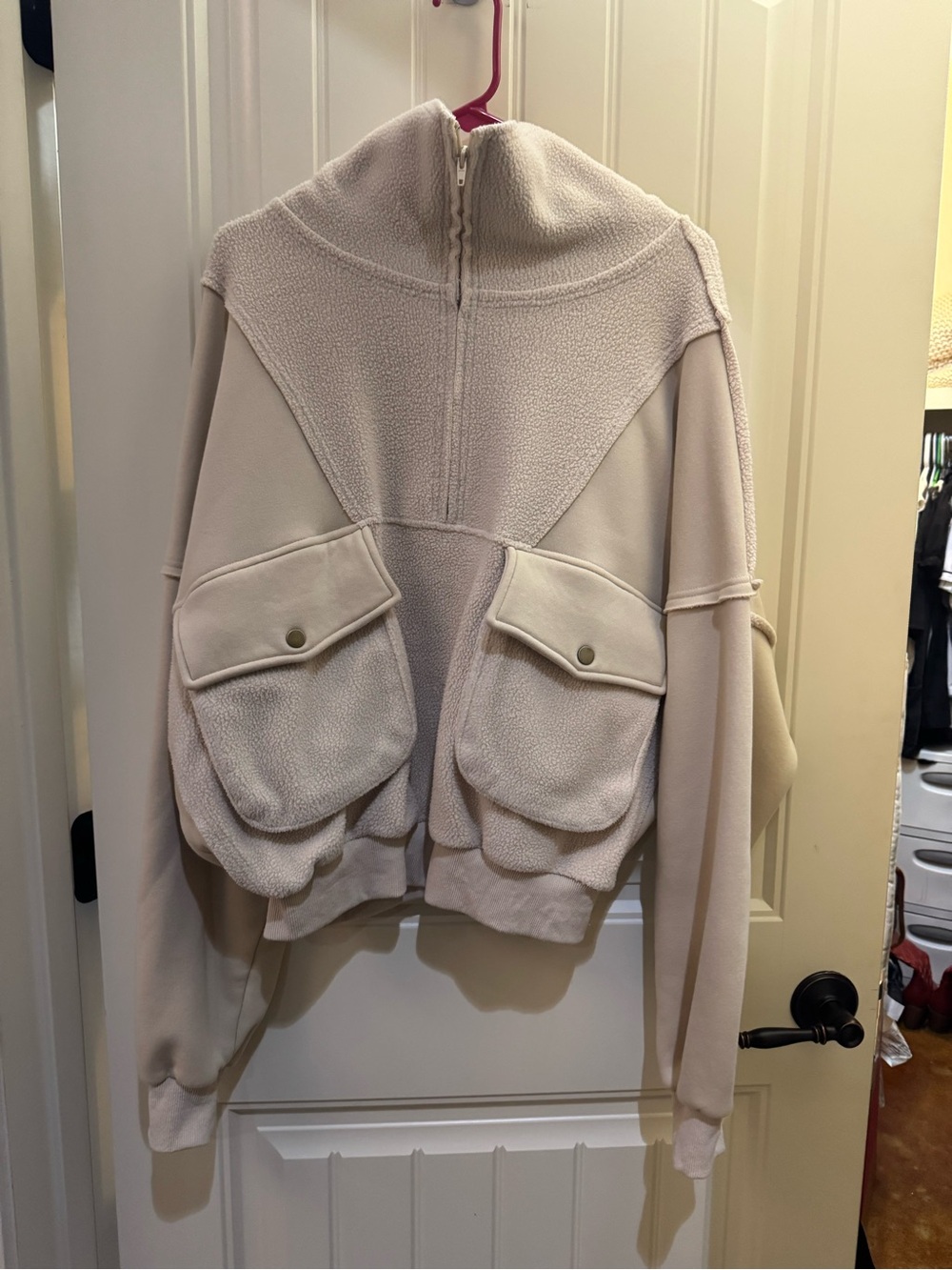 Women's Cream Fleece Zip-Up Pocket Sweater